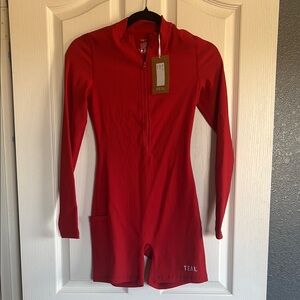 Vibrant Red Fitted Long Sleeve Bodysuit with Mandarin Collar